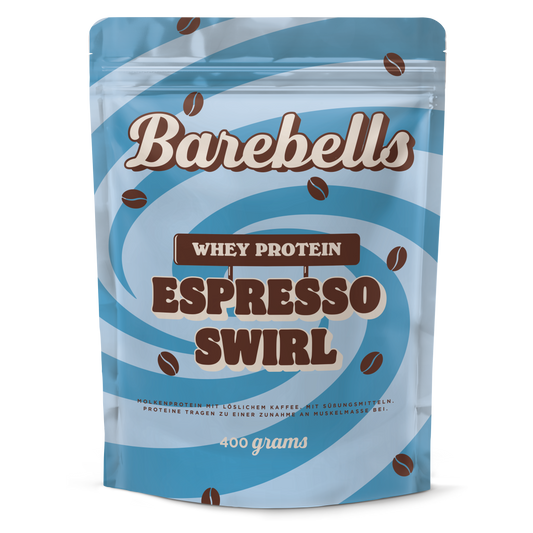 Blue pouch of Barebells Whey Protein in Espresso Swirl flavor, 400 grams. The design features blue swirls and coffee beans.